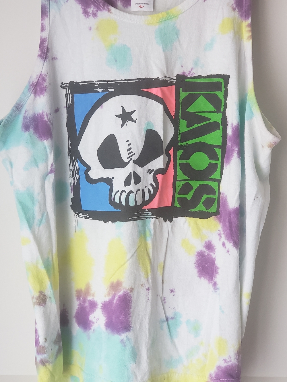 Vintage !!! Kaos White Tie-Dye Tank with Multicolor Skull Graphic